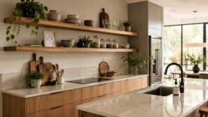 The Secret To Chic Homes Floating Kitchen Shelves